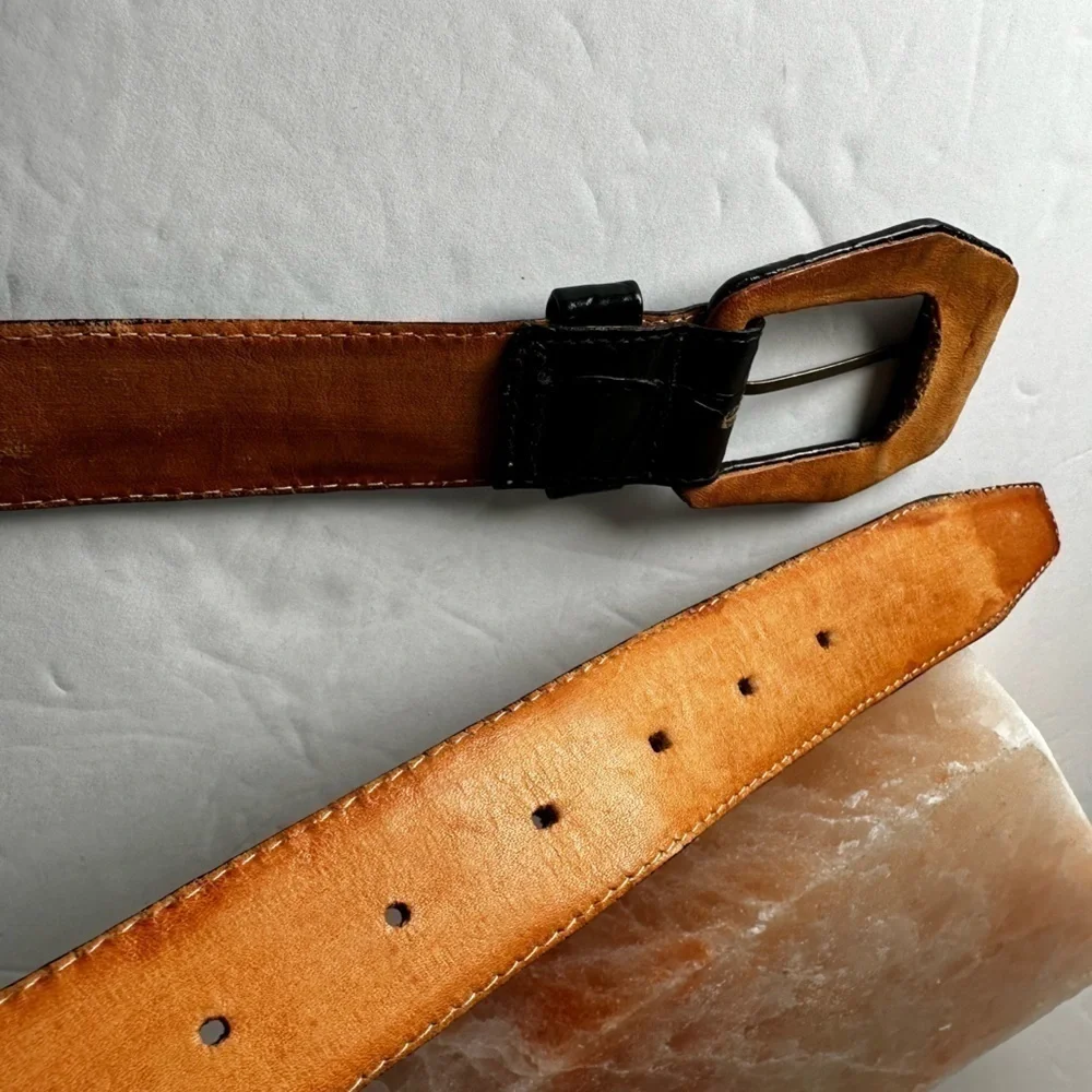VTG OMEGA Belt Black Leather Textured Croc Women Small 25-27 Leather Buckle 1407
